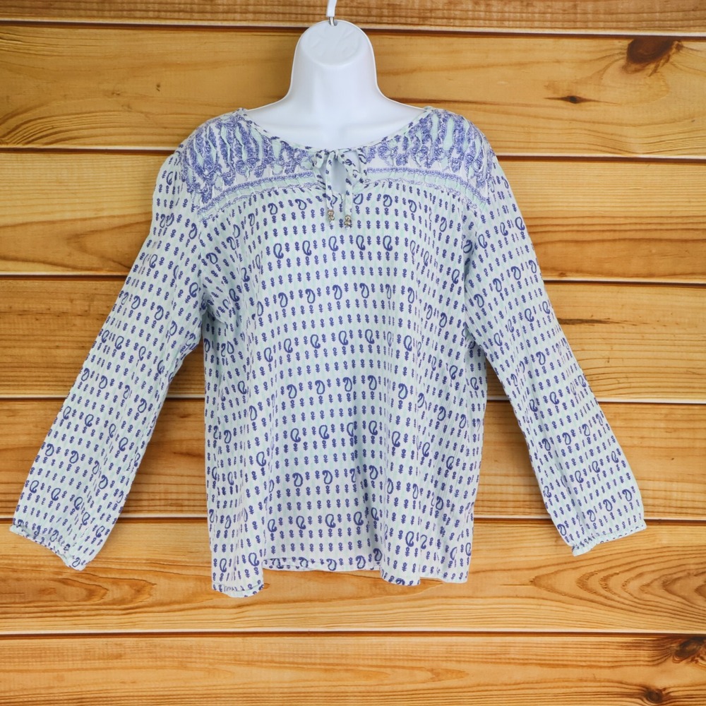 Passport Blouse Shirt Womens Size M Blue Paisley 100% Cotton Neck Tie